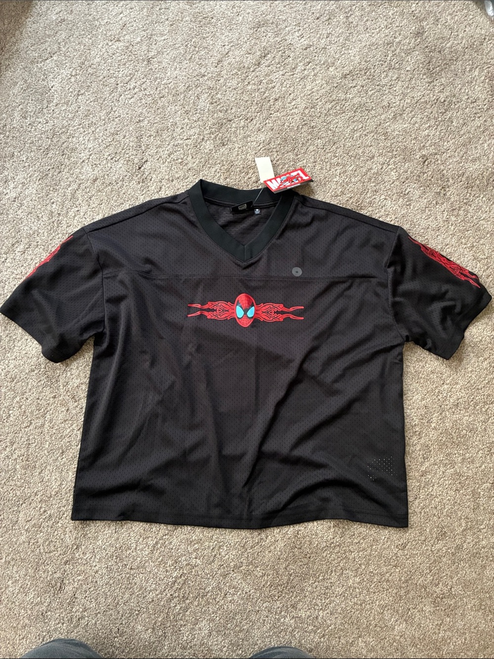 Aeropostale Black V-Neck Spiderman Jersey with Red Accents